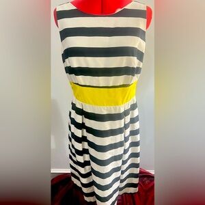 AB Studio Black and White Striped Midi Dress with Yellow waist tie size 14